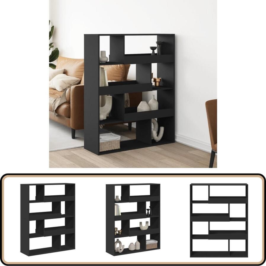 VidaXL Kamerscherm 8 schappen Zwart Bewerkt hout Kamerscherm Kamerschermen Scheidingswand Kamerverdeler