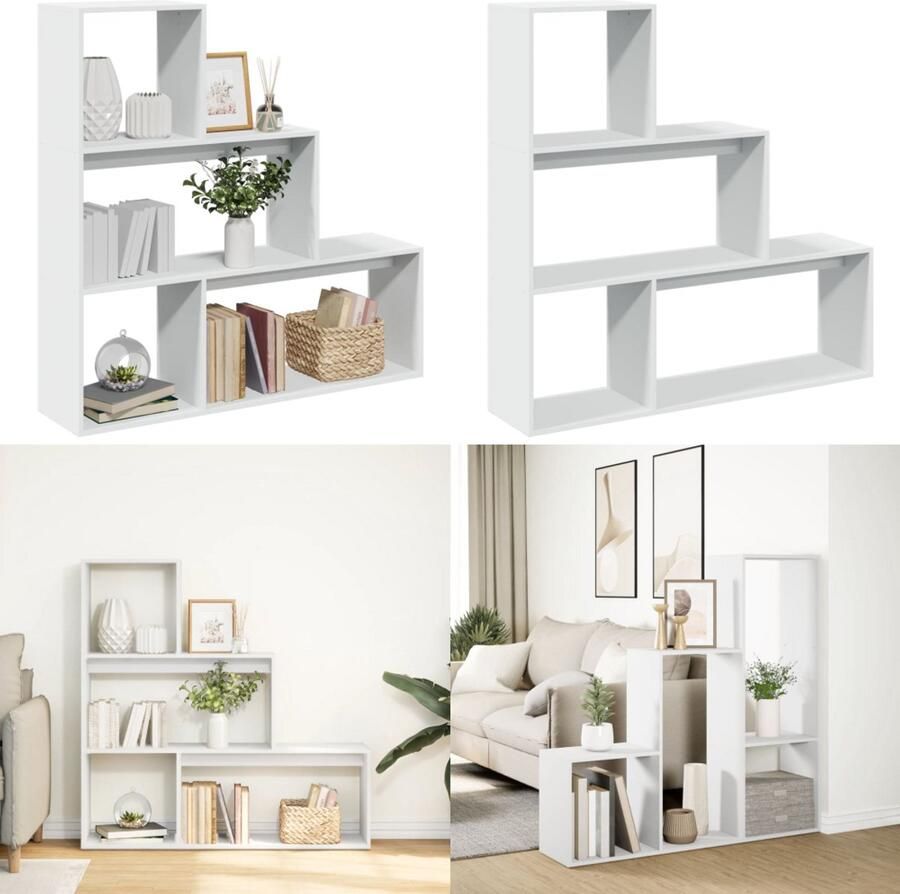 VidaXL Kamerscherm boekenkast 3-laags 123x29x123 cm bewerkt hout wit Boekenkast Boekenkasten Boeken Plank Schappenkast