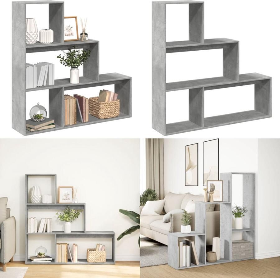 VidaXL Kamerscherm boekenkast 3-laags 123x29x123 cm hout betongrijs Boekenkast Boekenkasten Boeken Plank Schappenkast