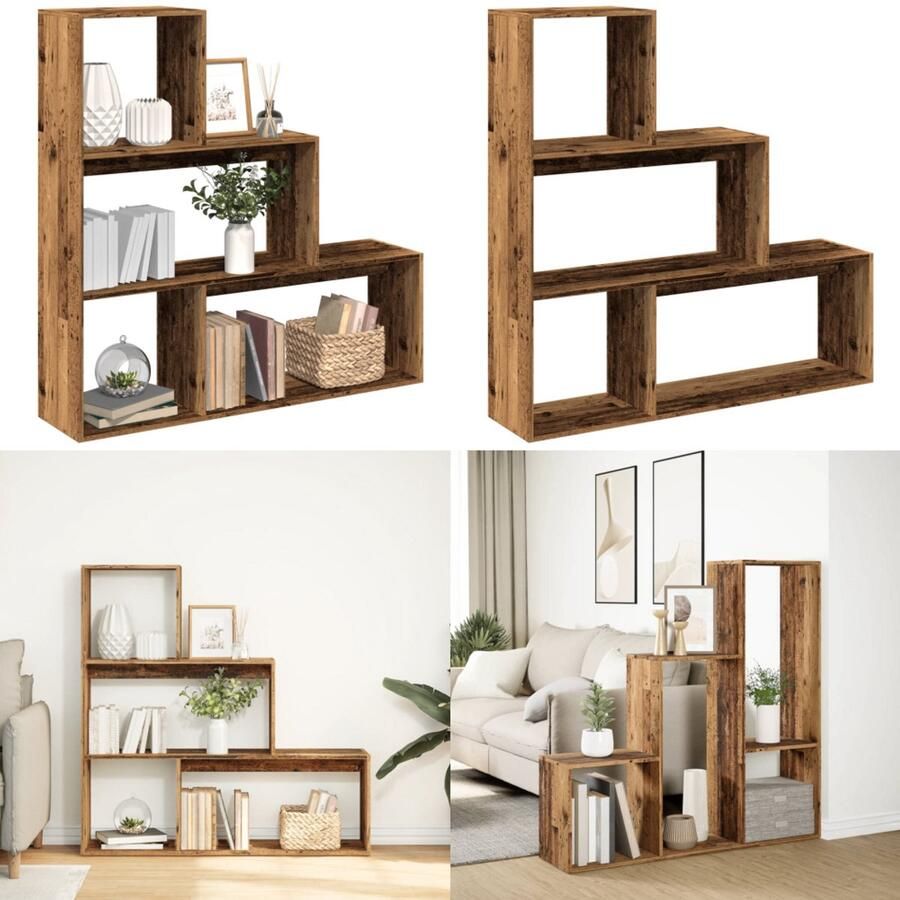 VidaXL Kamerscherm boekenkast 3-laags 123x29x123 cm hout oud hout Boekenkast Boekenkasten Boeken Plank Schappenkast