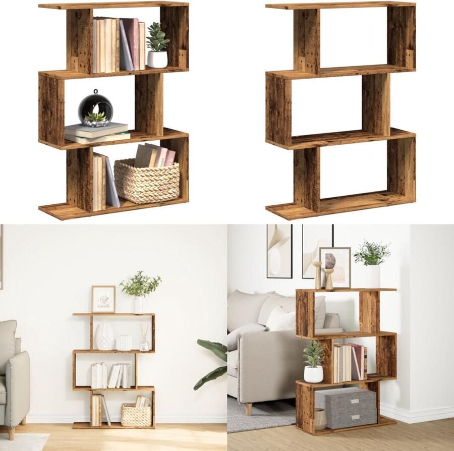 VidaXL Kamerscherm boekenkast 3-laags 70x24x97 cm hout oud hout Boekenkast Boekenkasten Boeken Plank Schappenkast