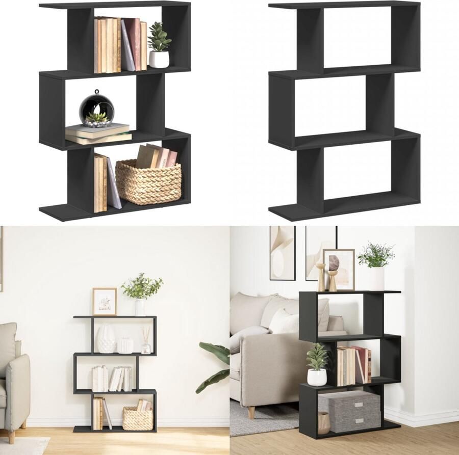 VidaXL Kamerscherm boekenkast 3-laags 70x24x97 cm hout zwart Boekenkast Boekenkasten Boeken Plank Schappenkast