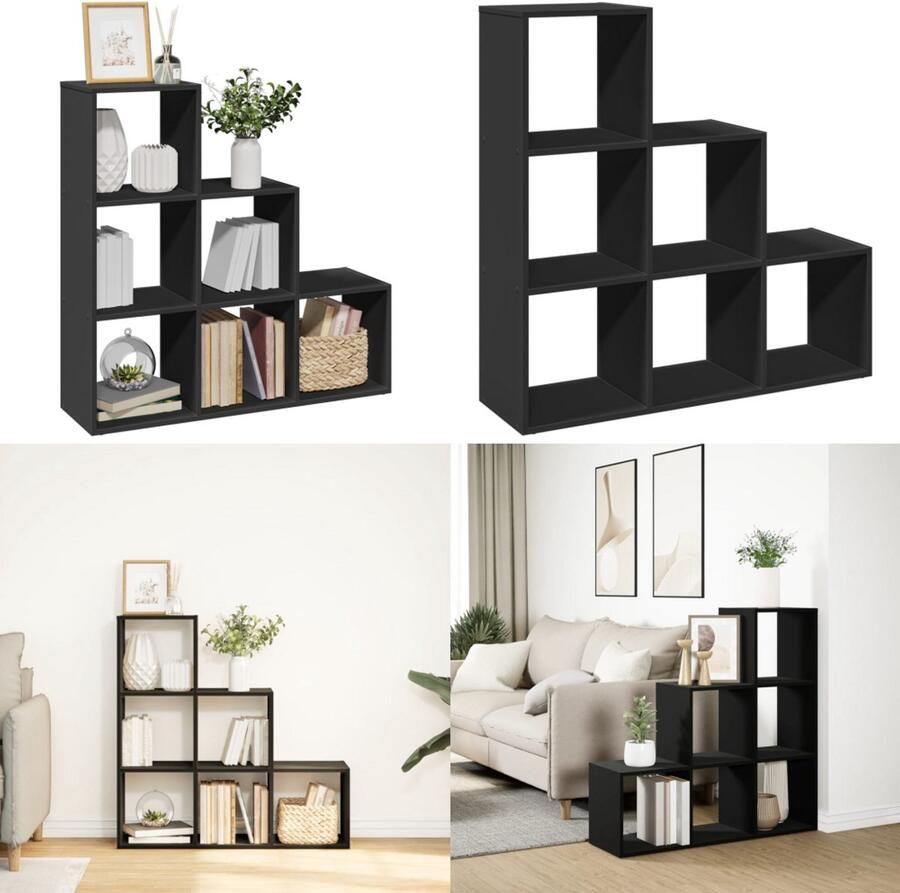 VidaXL Kamerscherm boekenkast 3-laags 99x29x99 cm bewerkt hout zwart Boekenkast Boekenkasten Boeken Plank Schappenkast