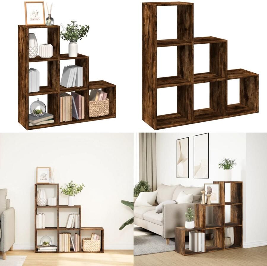 VidaXL Kamerscherm boekenkast 3-laags 99x29x99 cm hout gerookt eiken Boekenkast Boekenkasten Boeken Plank Schappenkast