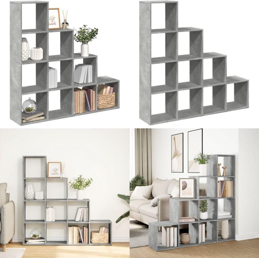 VidaXL Kamerscherm boekenkast 4-laags 131 5x29x131 5 cm hout grijs Boekenkast Boekenkasten Boeken Plank Schappenkast