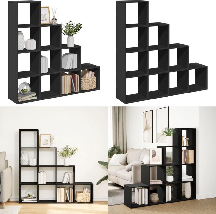 VidaXL Kamerscherm boekenkast 4-laags 131 5x29x131 5 cm hout zwart Boekenkast Boekenkasten Boeken Plank Schappenkast