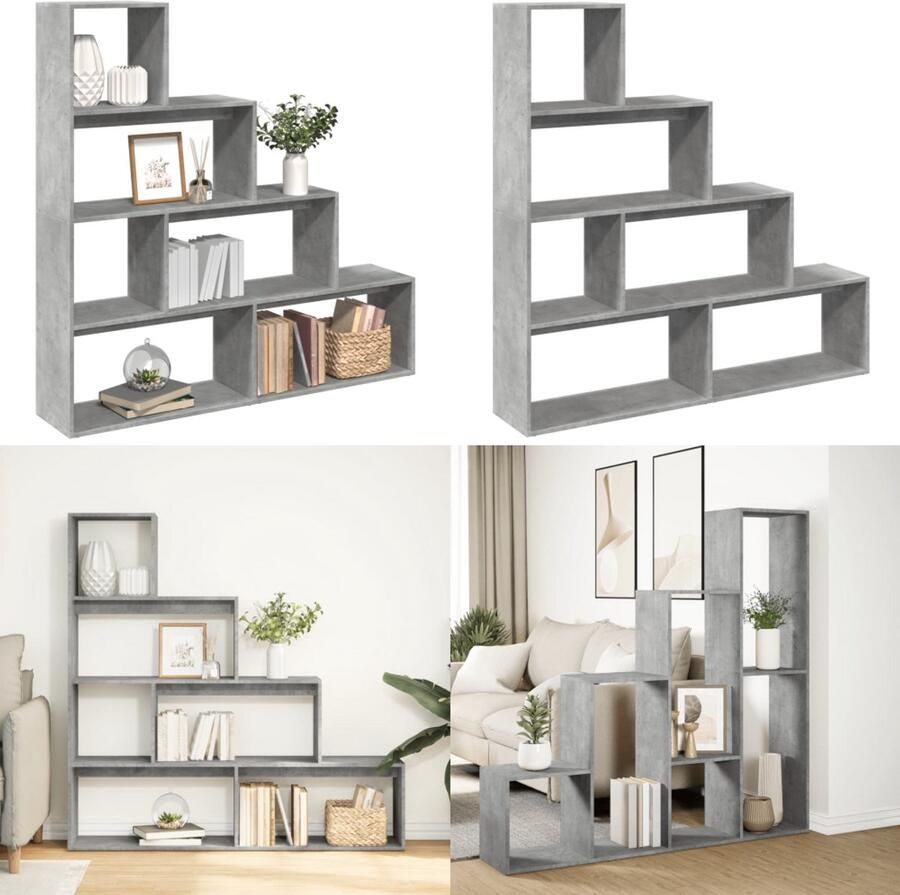 VidaXL Kamerscherm boekenkast 4-laags 143 5x29x143 5 cm hout grijs Boekenkast Boekenkasten Boeken Plank Schappenkast