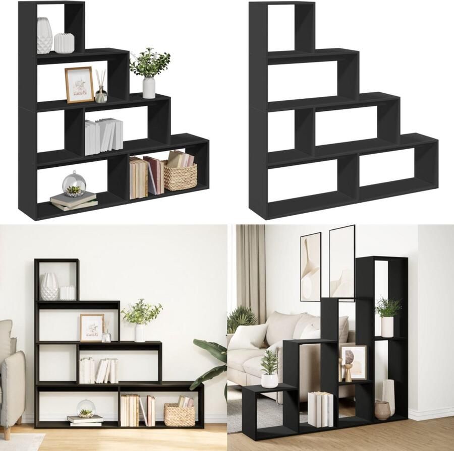 VidaXL Kamerscherm boekenkast 4-laags 143 5x29x143 5 cm hout zwart Boekenkast Boekenkasten Boeken Plank Schappenkast