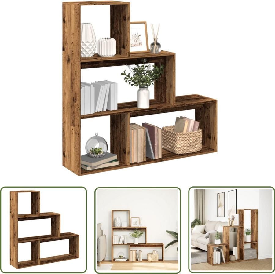 The Living Store Kamerscherm boekenkast 3-laags 123x29x123 cm hout oud hout Boekenkast Kamerscherm Houten Boekenkast Opbergkast Scheidingswand