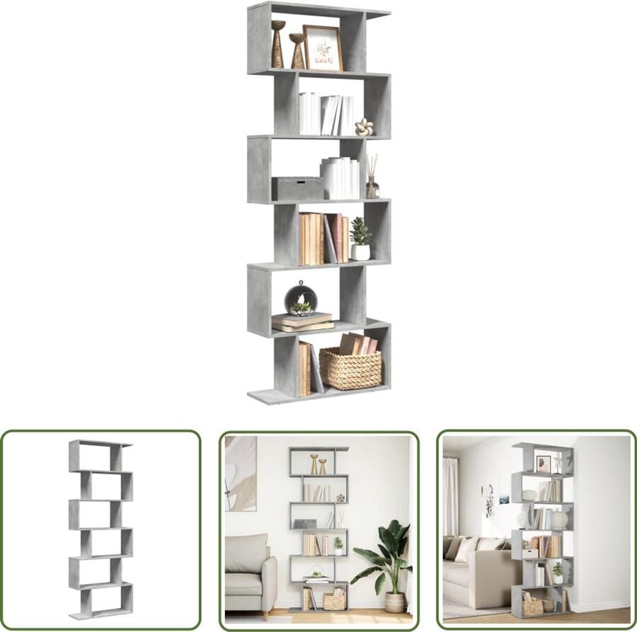 The Living Store Kamerscherm boekenkast 6-laags 70x24x193 cm hout betongrijs Boekenkast Kamerscherm Opbergkast Houten Kast Betongrijs