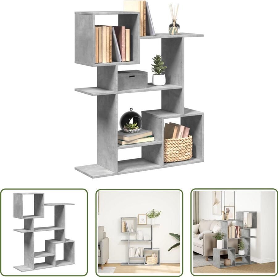 The Living Store Kamerscherm boekenkast 92x29x112 cm hout betongrijs Boekenkast Kamerscherm Opbergruimte Houten Boekenkast Betonnen Grijze Boekenkast