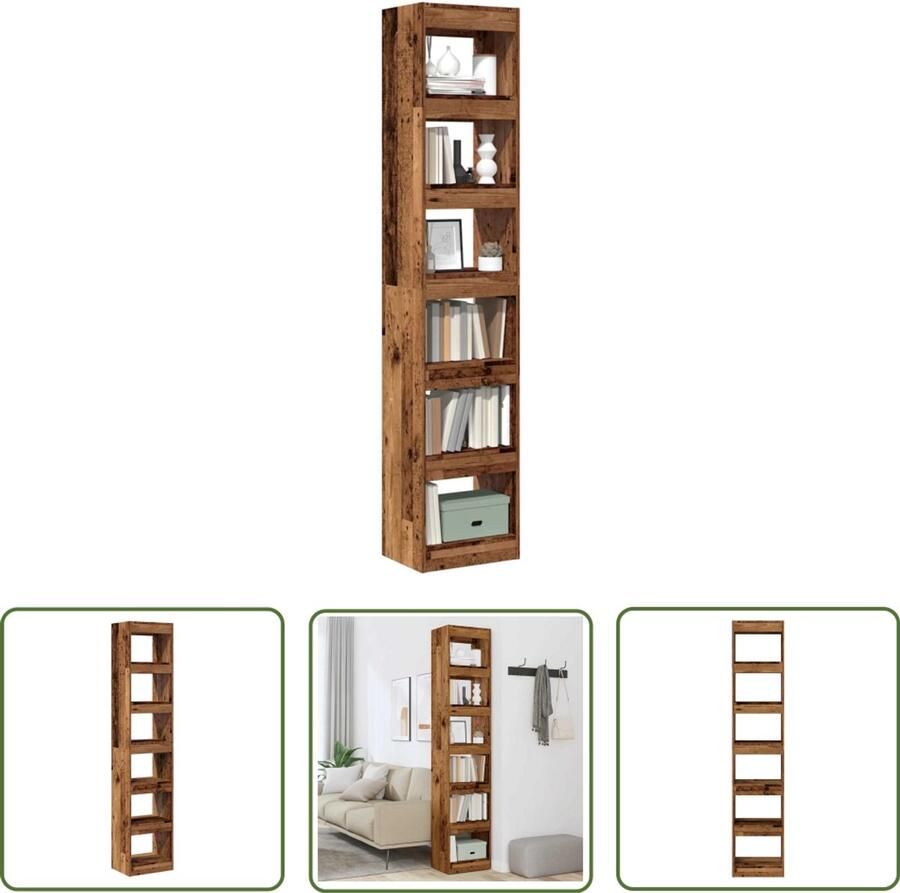 The Living Store Boekenkast kamerscherm 40x30x198 cm oud houtkleurig Boekenkast Kamerscherm Houten Boekenkast Vintage Boekenkast Opslagmogelijkheid
