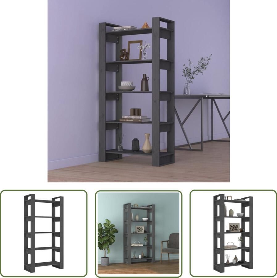 The Living Store Boekenkast kamerscherm 80x35x160 cm massief hout grijs Boekenkast Kamerscherm Hout Meubilair Grenoble Hout Grijze Boekenkast - Foto 2