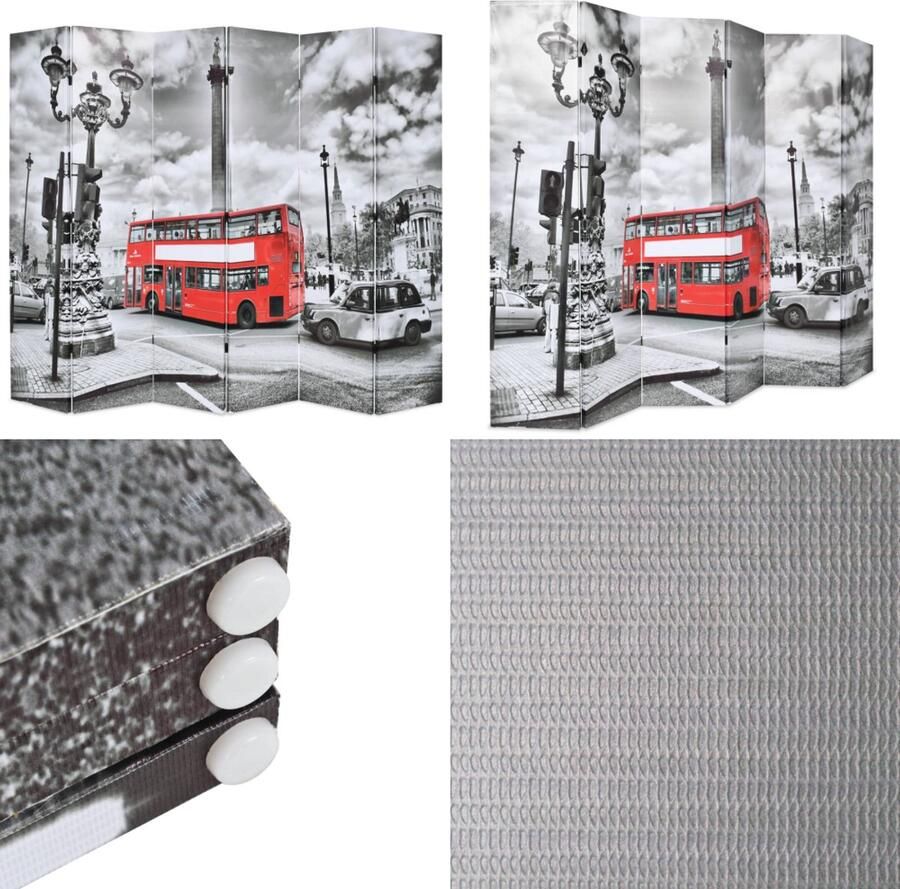 VidaXL Kamerscherm inklapbaar Londen bus 228x170 cm zwart en wit Kamerverdeler Kamerverdelers Paravent Paravents