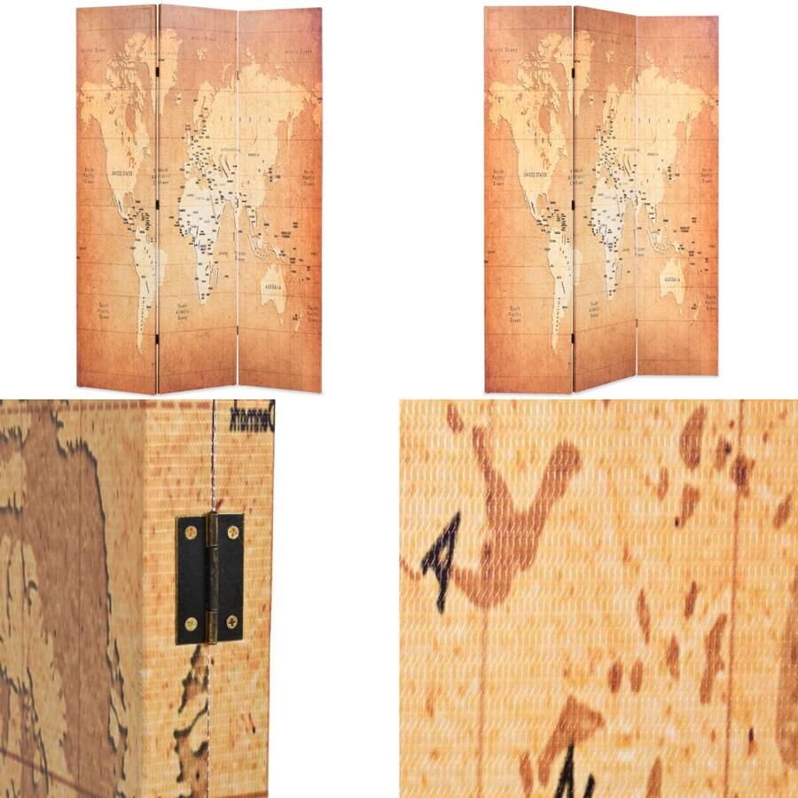 VidaXL Kamerscherm inklapbaar wereldkaart 120x170 cm geel Kamerverdeler Kamerverdelers Paravent Paravents