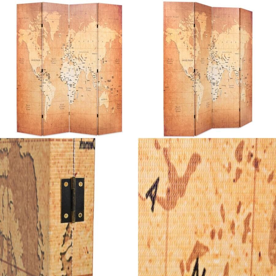 VidaXL Kamerscherm inklapbaar wereldkaart 160x170 cm geel Kamerverdeler Kamerverdelers Paravent Paravents