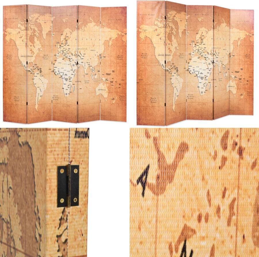 VidaXL Kamerscherm inklapbaar wereldkaart 200x170 cm geel Kamerverdeler Kamerverdelers Paravent Paravents