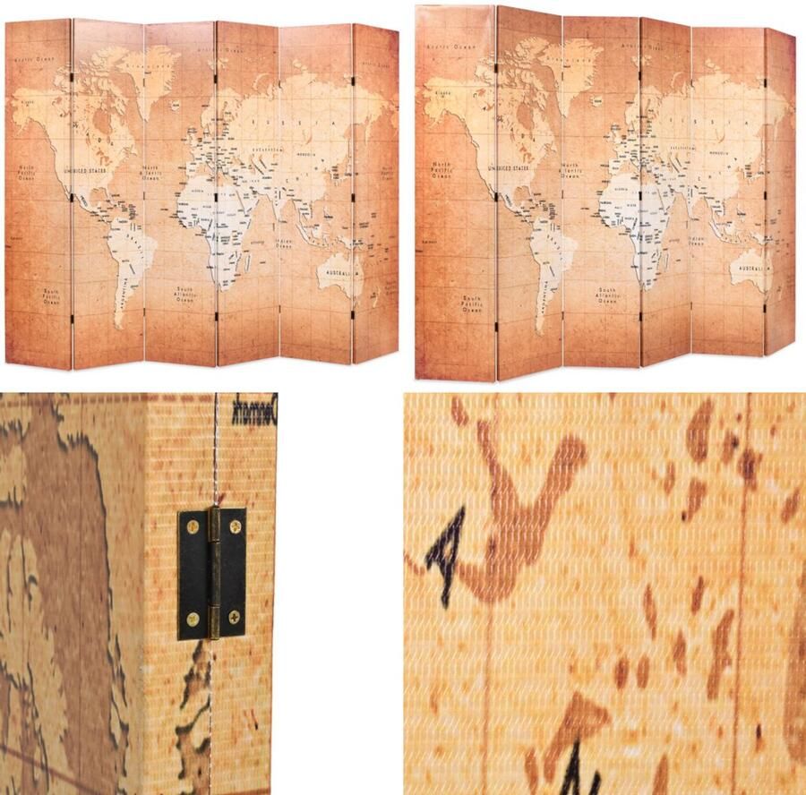 VidaXL Kamerscherm inklapbaar wereldkaart 228x170 cm geel Kamerverdeler Kamerverdelers Paravent Paravents