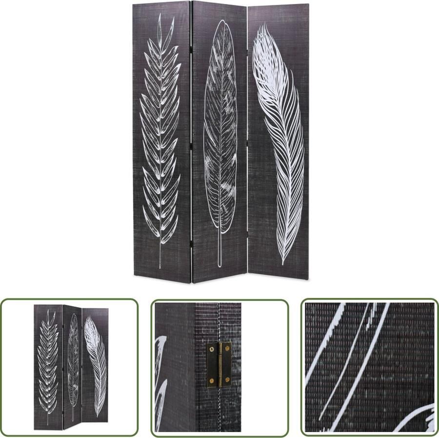 The Living Store Kamerscherm inklapbaar veren 120x170 cm zwart en wit Kamer Verdeler Kamerscherm Veren Print Privacy Schemer Slaapkamer Meubilair