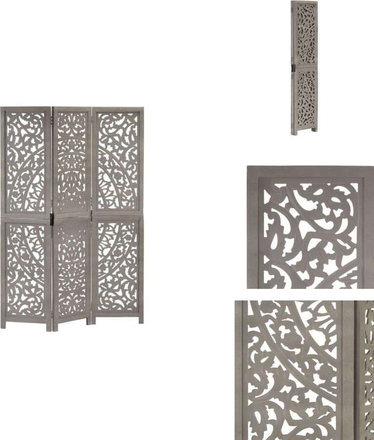 VidaXL Kamerscherm Kamerschermen Kamerverdeler Kamerverdelers Kamerscherm 3 panelen handgesneden 120x165 cm mangohout grijs - Foto 2