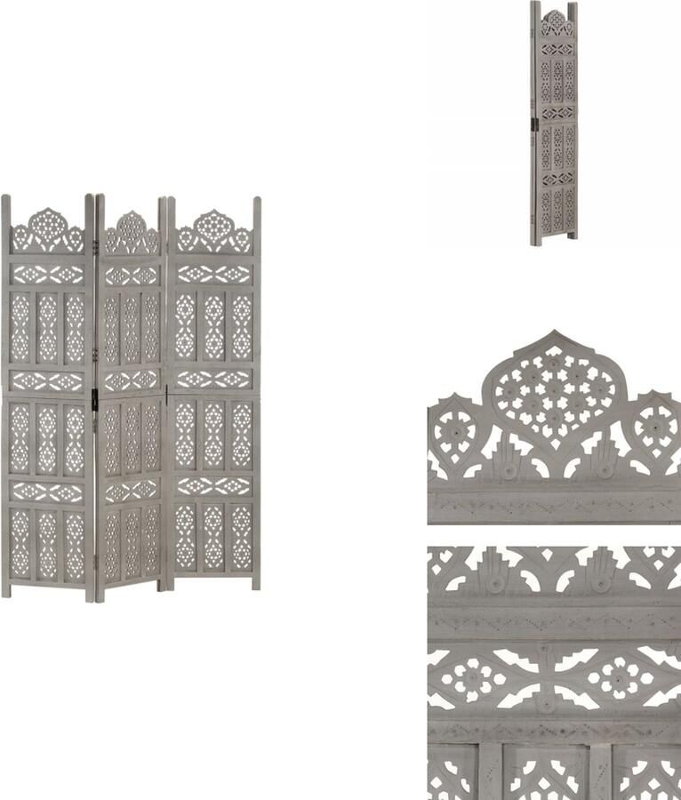 VidaXL Kamerscherm Kamerschermen Kamerverdeler Kamerverdelers Kamerscherm 3 panelen handgesneden 120x165 cm mangohout grijs - Foto 2