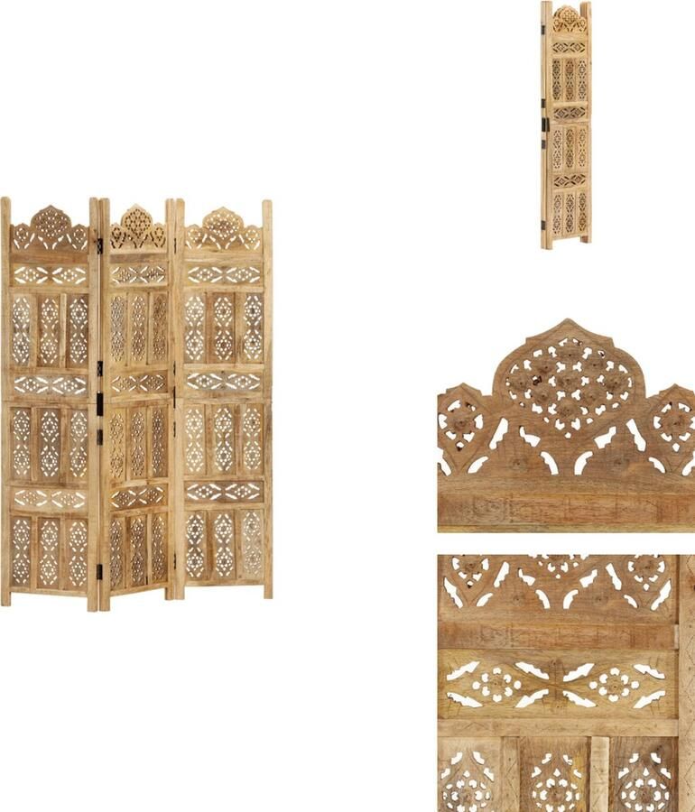 VidaXL Kamerscherm Kamerschermen Kamerverdeler Kamerverdelers Kamerscherm 3 panelen handgesneden 120x165 cm massief mangohout - Foto 2