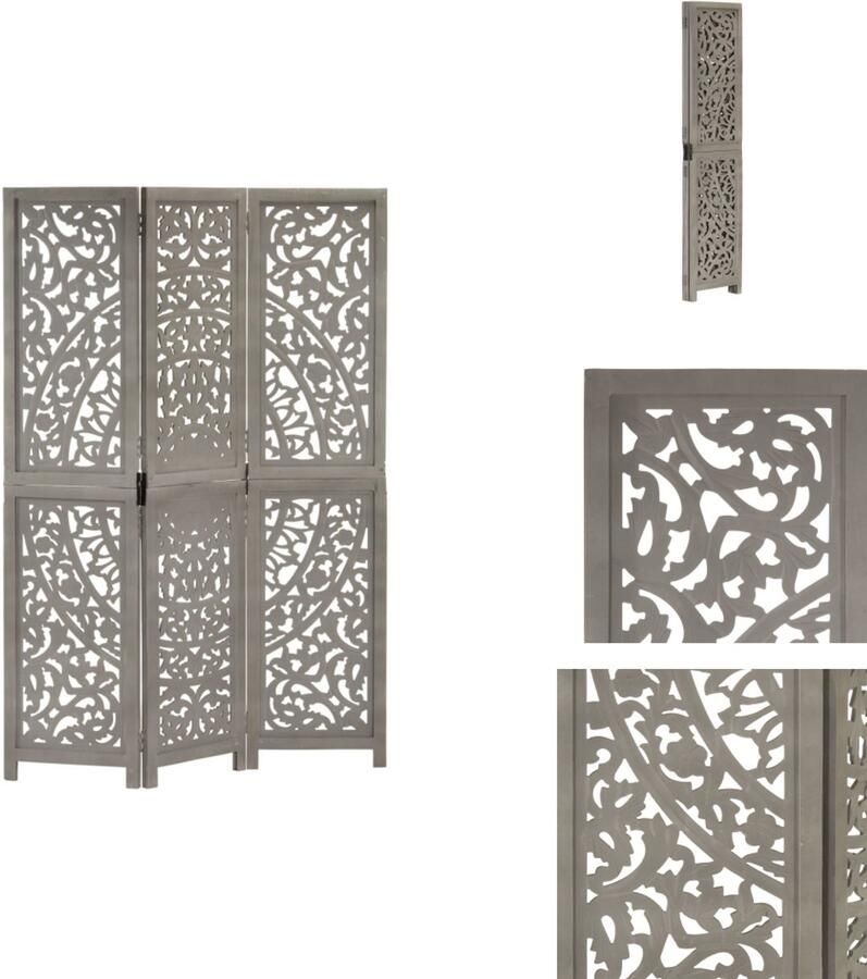 The Living Store Kamerscherm 3 panelen handgesneden 120x165 cm mangohout grijs Kamerscherm Houten Kamerscherm Mangohout Grijs Kamerscherm Wandafscheiding