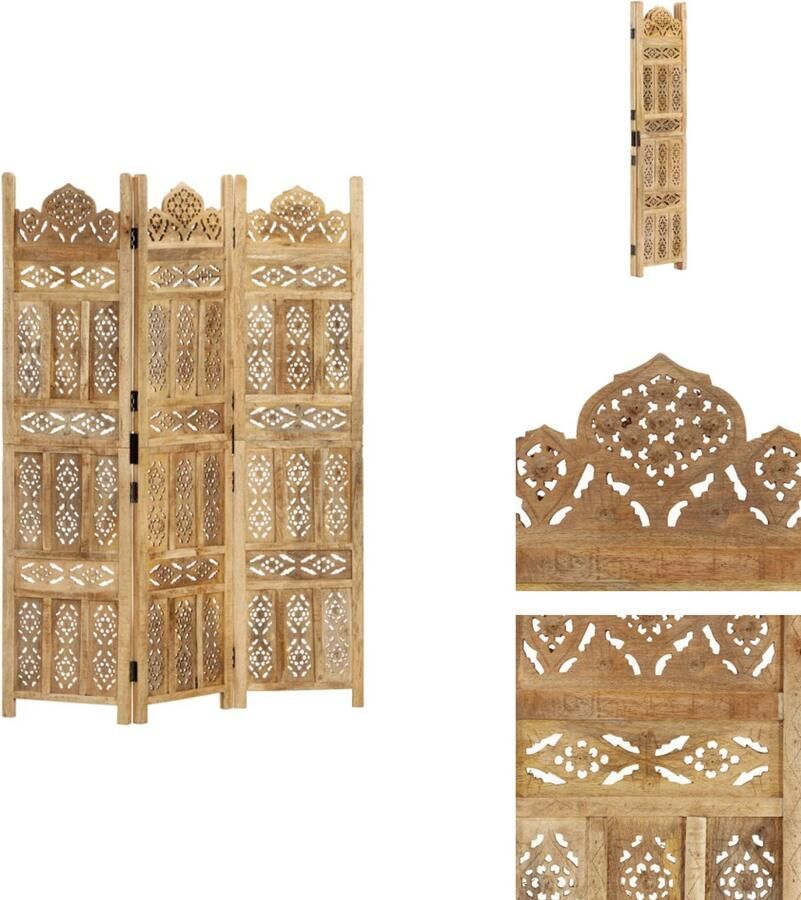 VidaXL Kamerscherm Kamerschermen Kamerverdeler Kamerverdelers Kamerscherm 3 panelen handgesneden 120x165 cm massief mangohout