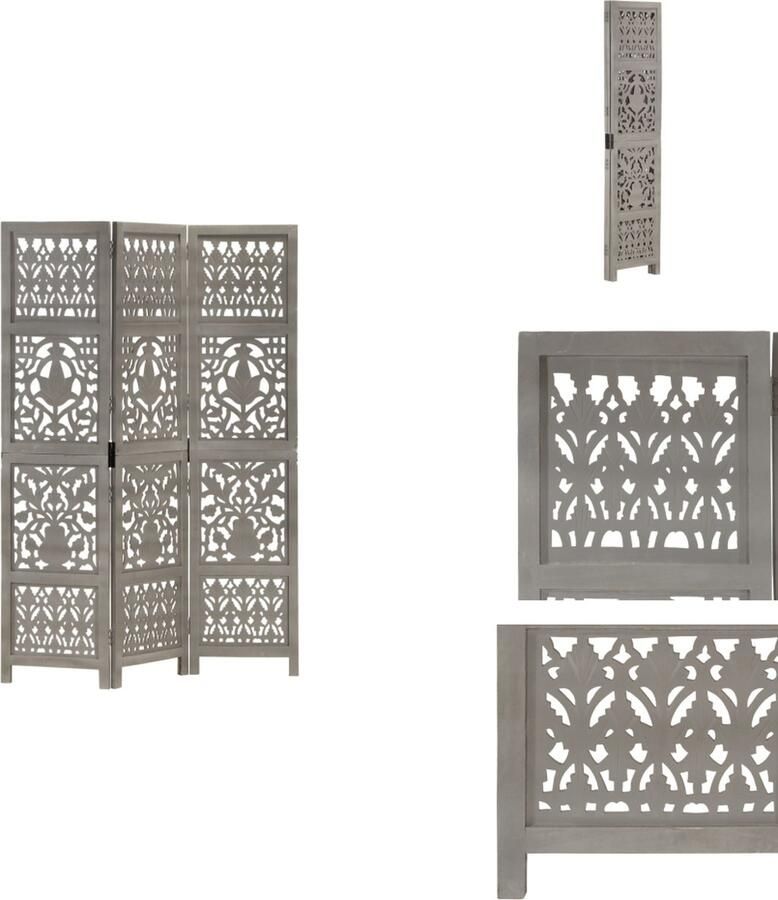 The Living Store Kamerscherm 3 panelen handgesneden 120x165 cm mangohout grijs Kamerscherm Houten Kamerscherm Mangohout Grijs Kamerscherm Wandafscheiding - Foto 3
