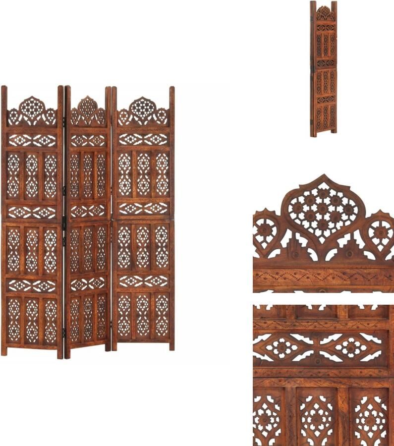 VidaXL Kamerscherm Kamerschermen Kamerverdeler Kamerverdelers Kamerscherm 3 panelen handgesneden 120x165 cm mangohout bruin