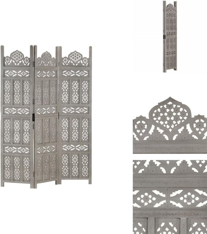 VidaXL Kamerscherm Kamerschermen Kamerverdeler Kamerverdelers Kamerscherm 3 panelen handgesneden 120x165 cm mangohout grijs