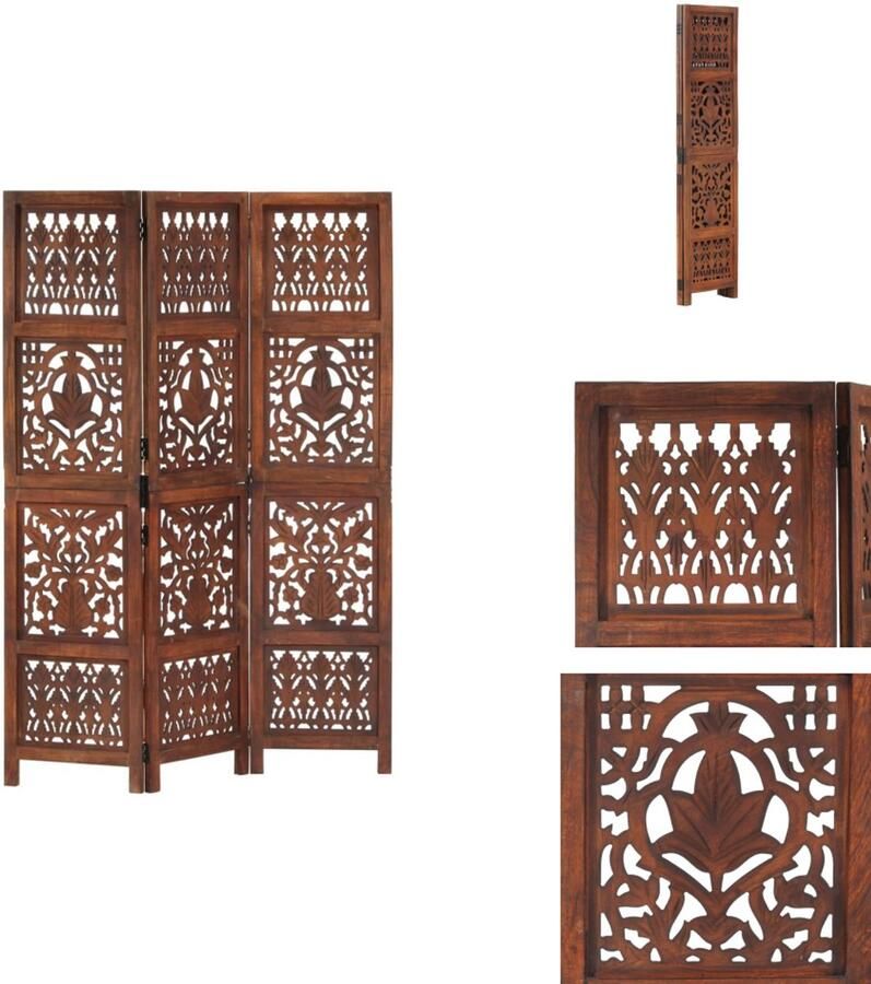 VidaXL Kamerscherm Kamerschermen Kamerverdeler Kamerverdelers Kamerscherm 3 panelen handgesneden 120x165 cm mangohout bruin