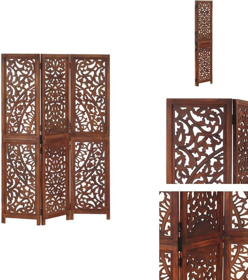 VidaXL Kamerscherm Kamerschermen Kamerverdeler Kamerverdelers Kamerscherm 3 panelen handgesneden 120x165 cm mangohout bruin