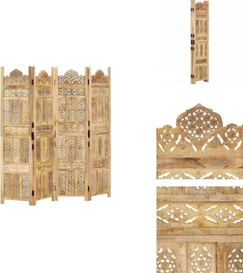 VidaXL Kamerscherm Kamerschermen Kamerverdeler Kamerverdelers Kamerscherm 4 panelen handgesneden 160x165 cm massief mangohout - Foto 2