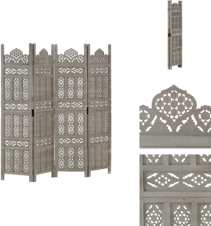 VidaXL Kamerscherm Kamerschermen Kamerverdeler Kamerverdelers Kamerscherm 4 panelen handgesneden 160x165 cm mangohout grijs