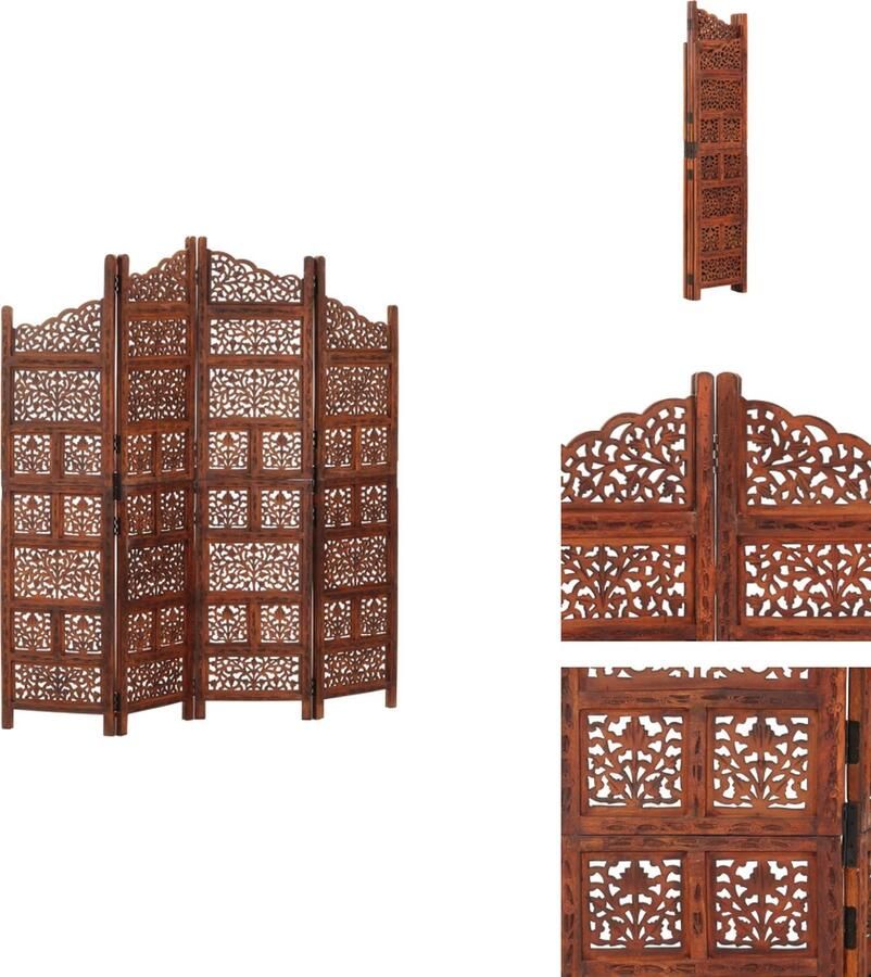 VidaXL Kamerscherm Kamerschermen Kamerverdeler Kamerverdelers Kamerscherm 4 panelen handgesneden 160x165 cm mangohout bruin - Foto 2