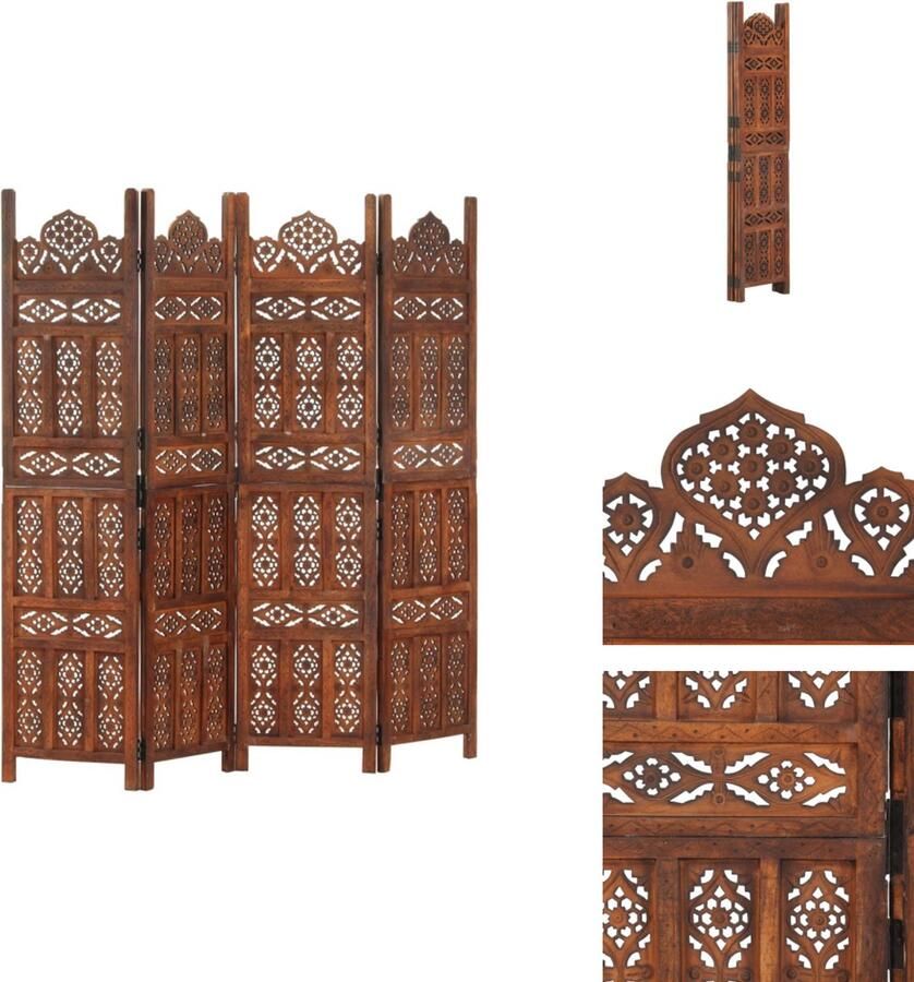 VidaXL Kamerscherm Kamerschermen Kamerverdeler Kamerverdelers Kamerscherm 4 panelen handgesneden 160x165 cm mangohout bruin