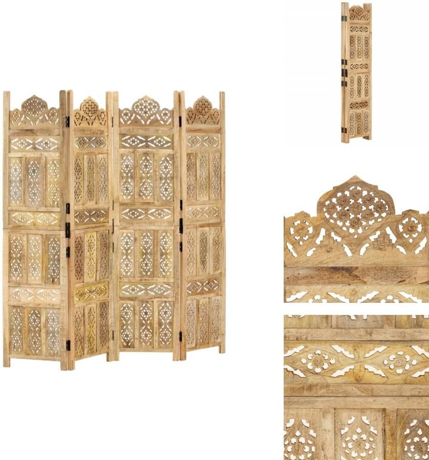 VidaXL Kamerscherm Kamerschermen Kamerverdeler Kamerverdelers Kamerscherm 4 panelen handgesneden 160x165 cm massief mangohout