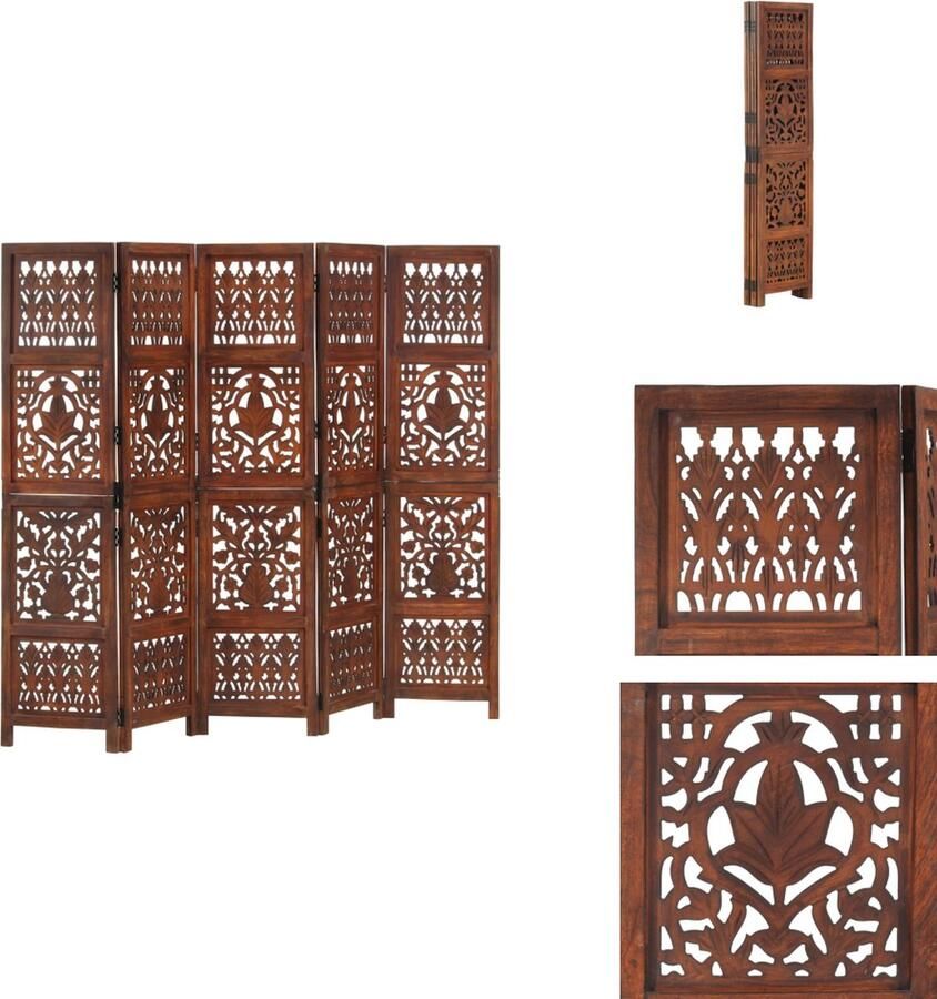 VidaXL Kamerscherm Kamerschermen Kamerverdeler Kamerverdelers Kamerscherm 5 panelen handgesneden 200x165 cm mangohout bruin - Foto 2