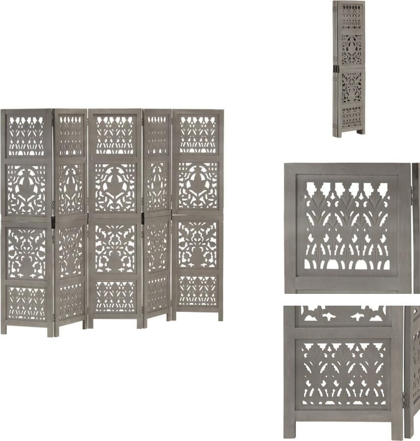 VidaXL Kamerscherm Kamerschermen Kamerverdeler Kamerverdelers Kamerscherm 5 panelen handgesneden 200x165 cm mangohout grijs - Foto 3