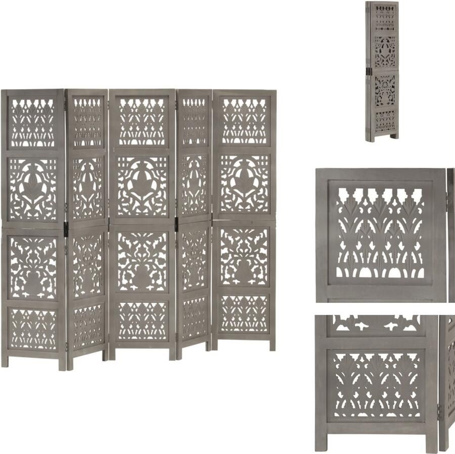 VidaXL Kamerscherm Kamerschermen Kamerverdeler Kamerverdelers Kamerscherm 5 panelen handgesneden 200x165 cm mangohout grijs