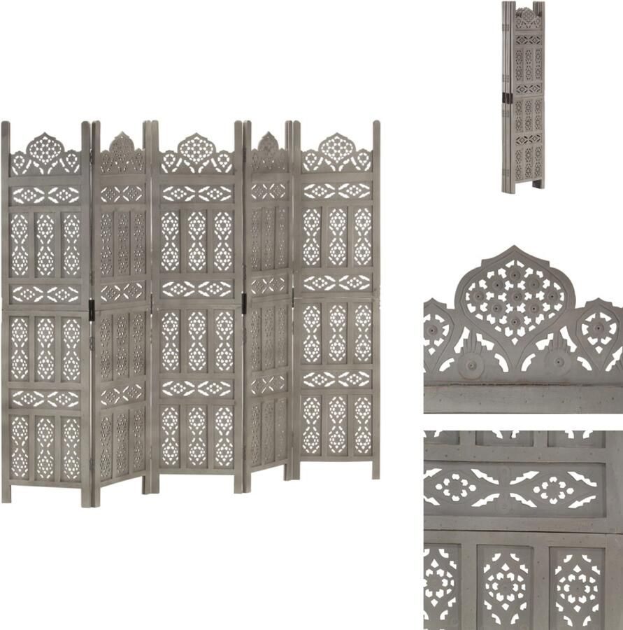 VidaXL Kamerscherm Kamerschermen Kamerverdeler Kamerverdelers Kamerscherm 5 panelen handgesneden 200x165 cm mangohout grijs - Foto 2