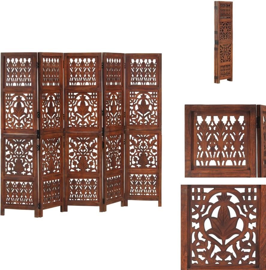 VidaXL Kamerscherm Kamerschermen Kamerverdeler Kamerverdelers Kamerscherm 5 panelen handgesneden 200x165 cm mangohout bruin
