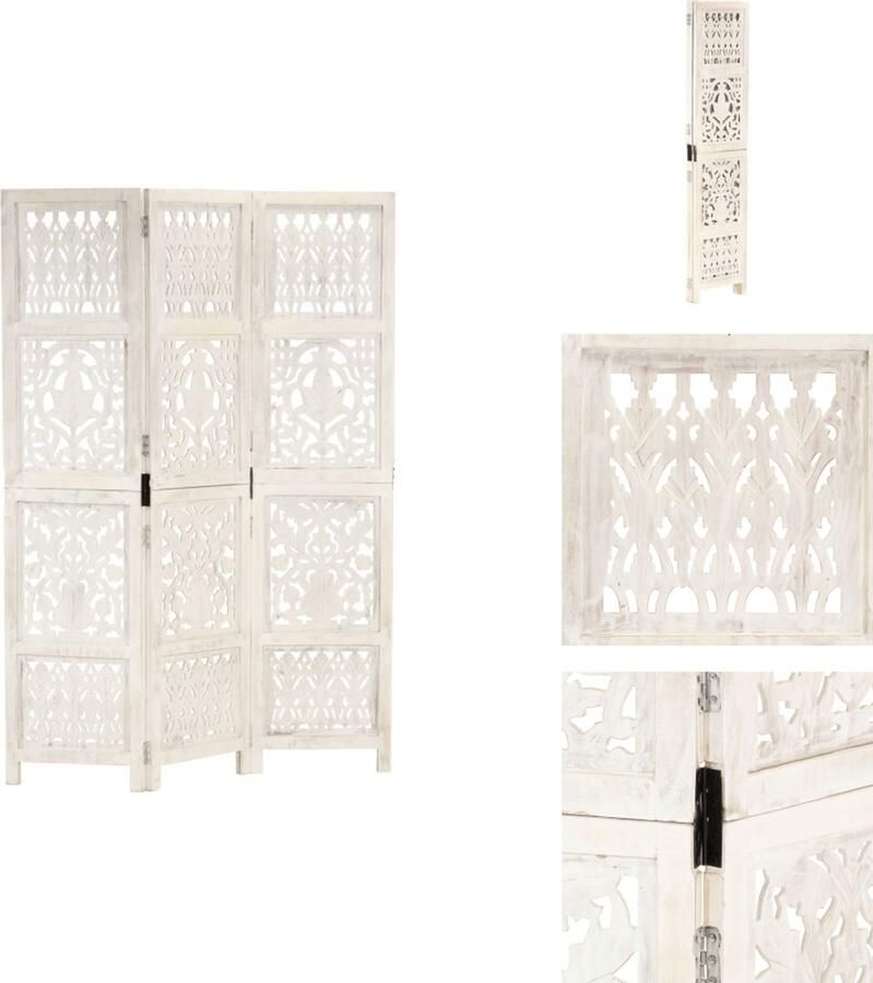 VidaXL Kamerscherm Kamerschermen Kamerverdeler Kamerverdelers Kamerscherm met 3 panelen handgesneden 120x165 cm mangohout wit - Foto 2