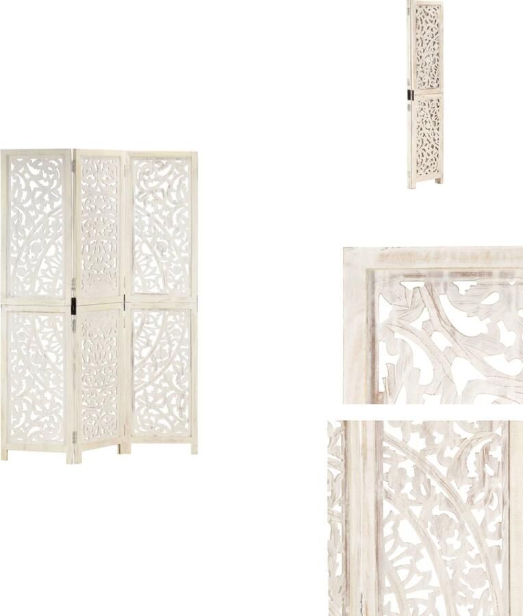 VidaXL Kamerscherm Kamerschermen Kamerverdeler Kamerverdelers Kamerscherm met 3 panelen handgesneden 120x165 cm mangohout wit - Foto 5