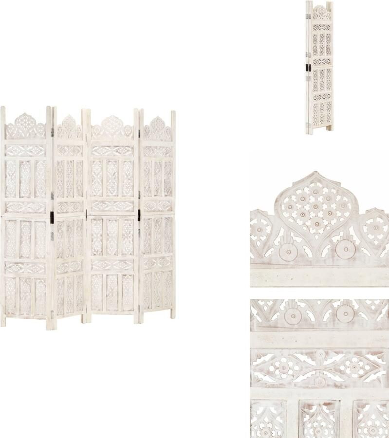 VidaXL Kamerscherm Kamerschermen Kamerverdeler Kamerverdelers Kamerscherm met 4 panelen handgesneden 160x165 cm mangohout wit - Foto 3