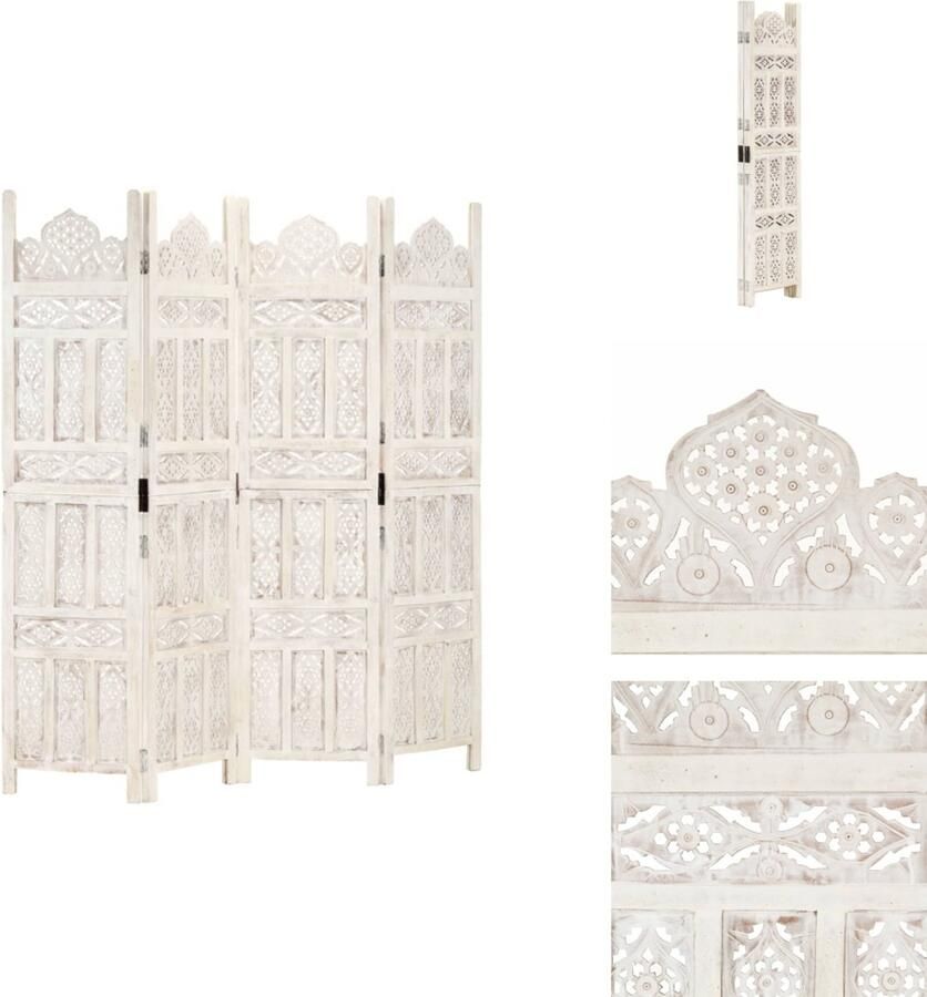 VidaXL Kamerscherm Kamerschermen Kamerverdeler Kamerverdelers Kamerscherm met 4 panelen handgesneden 160x165 cm mangohout wit - Foto 2