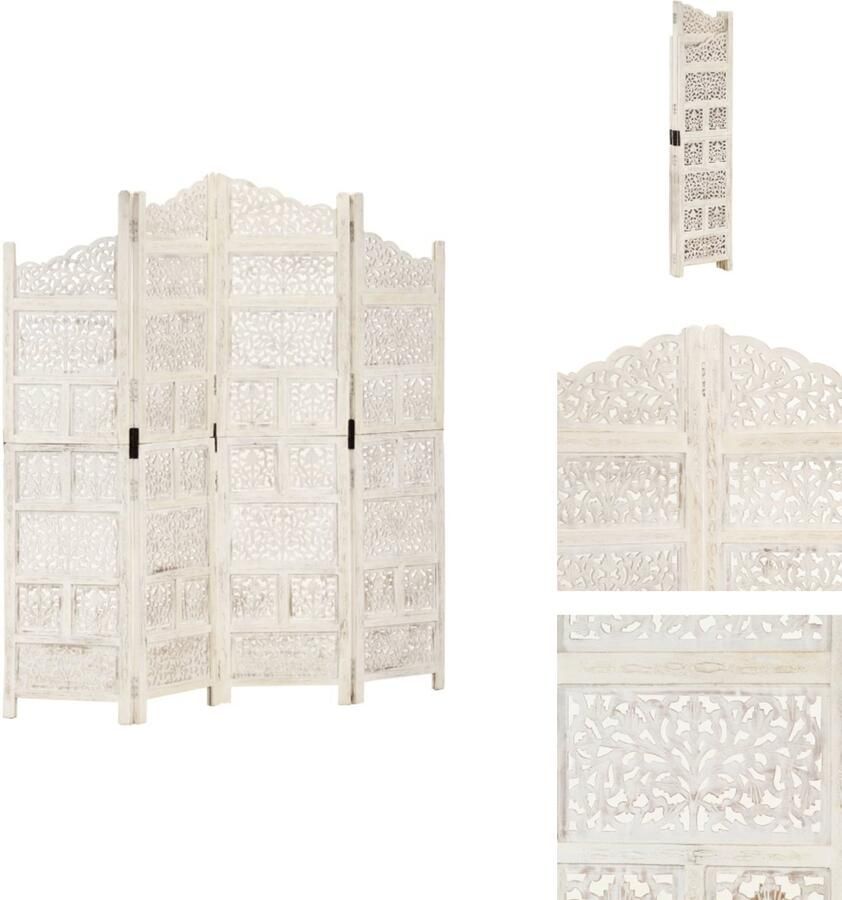 VidaXL Kamerscherm Kamerschermen Kamerverdeler Kamerverdelers Kamerscherm met 4 panelen handgesneden 160x165 cm mangohout wit