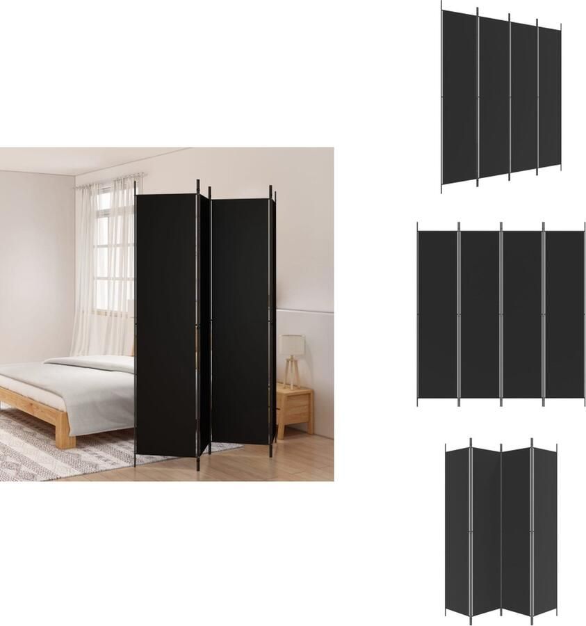 VidaXL Kamerscherm Kamerschermen Scheidingswand Ruimteverdeler Kamerscherm met 4 panelen 200x220 cm stof zwart