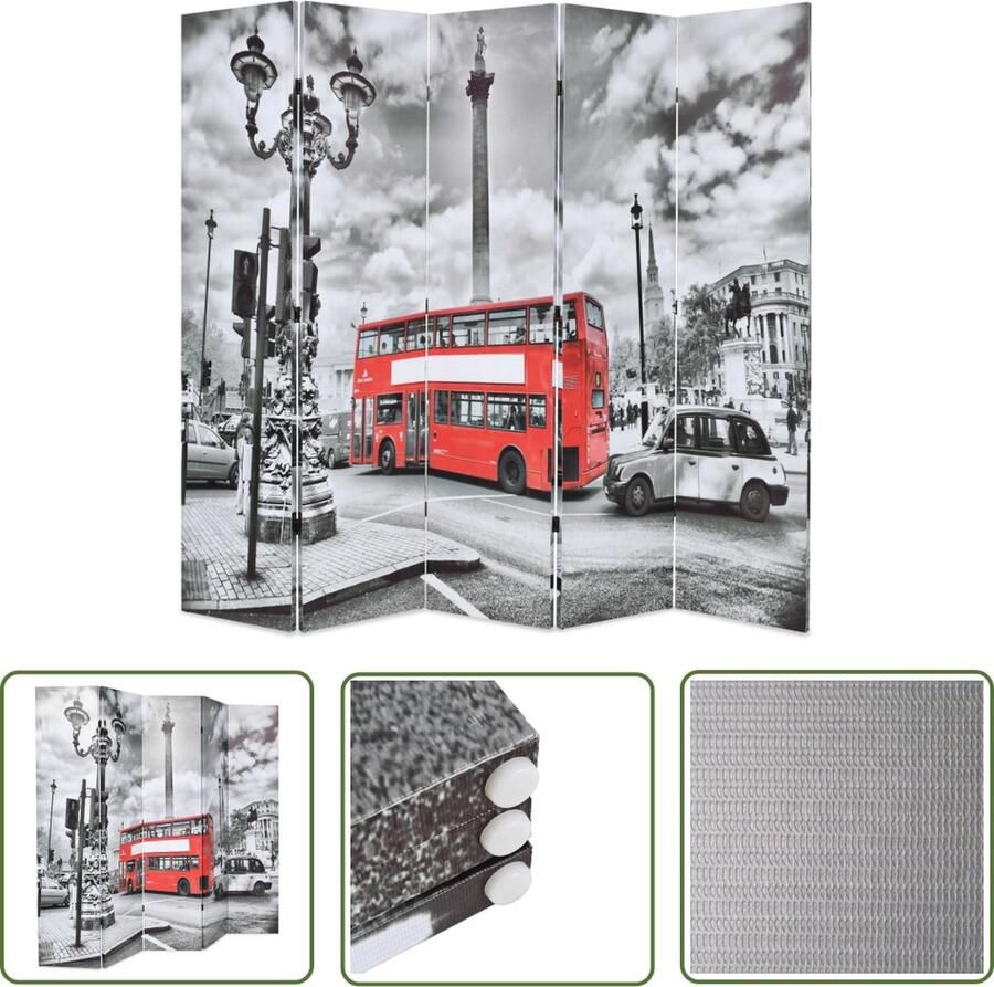 The Living Store Kamerscherm inklapbaar Londen bus 200x170 cm zwart en wit Kamerverdeler Kamerscherm Wandafscheiding Privacy Screen London Design